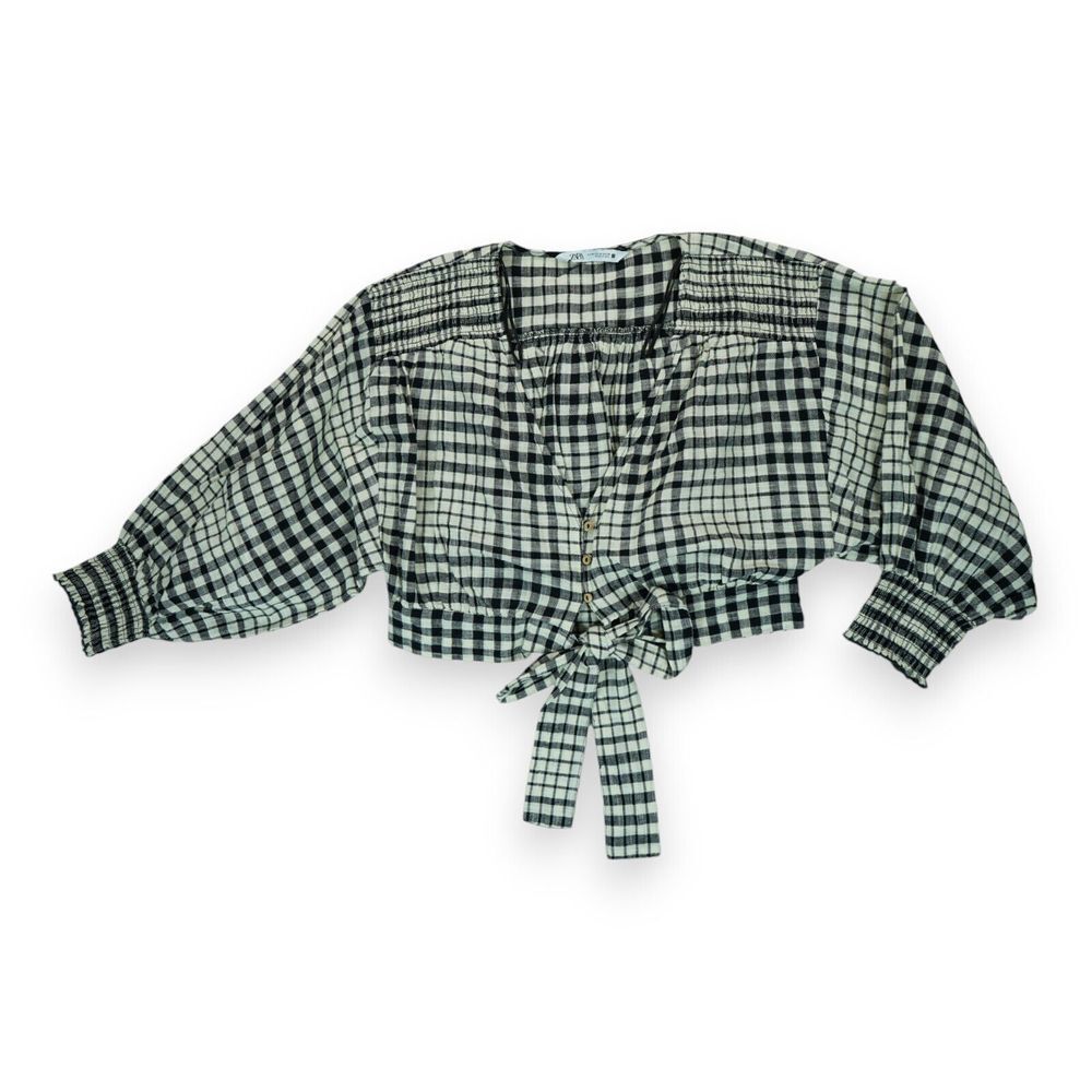 Zara Women's Gingham Crop Top Size Medium Plaid Long Sleeve V-Neck Cropped